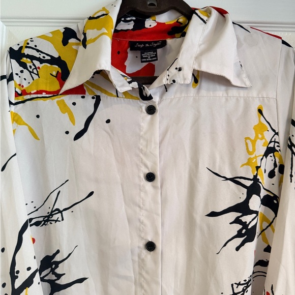 Abstract Paint-Splash Shirt Dress in White, Black, Yellow & Red - Picture 4 of 7